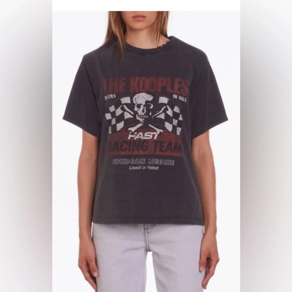 NWT! Retail $125 The Kooples Black Racing Skull Graphic Tee with Checkered Flags - Picture 1 of 5